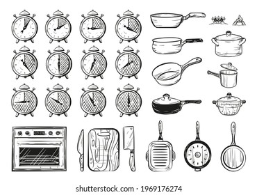 Vector Illustration Of A Food Preparation Time. Sketch Set Of Kitchen Utensils. Oven, Microwave, Pan, Saucepan Icons. Timer 0, 5, 10, 15, 30 Minutes. Vintage Hand Drawn Style. Stopwatch.