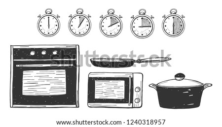 Vector illustration of a food preparation time. Oven, microwave, pan, saucepan, pot icons. Timer 0, 5, 10, 15, 30 minutes. Hand drawn style.
