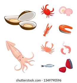 Vector illustration of food and sea logo. Set of food and healthy stock symbol for web.