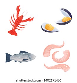 Vector illustration of food and sea sign. Set of food and healthy stock symbol for web.