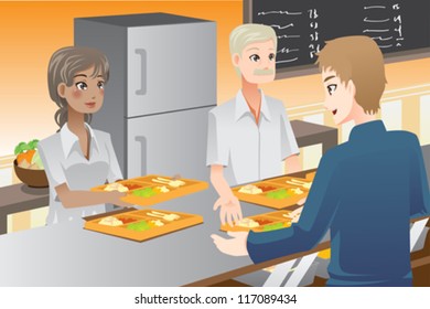 A vector illustration of food servers serving food to customers