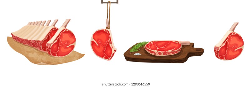 Vector illustration of food. Set of stylized raw meat. Sliced assortment of fresh meat, beef steaks on white background, on paper, on cutting Board, steak in the smoker