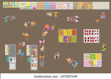 Vector illustration. Food store. Top view. Buyers in the store. Shop cash desk. Showcases and counters. People with shopping carts. View from above.