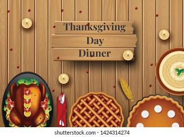 A vector illustration of food of thanksgiving dinner on the table viewed from above