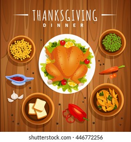 A vector illustration of food of thanksgiving dinner on the table viewed from above