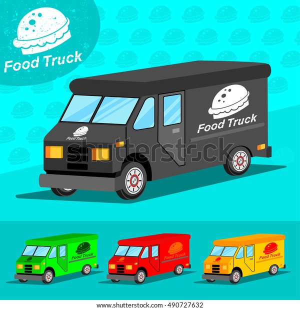 Vector illustration of food truck\
a design in a flat style. Different variants of van\
colors.