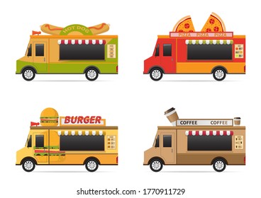 A vector illustration of food truck icon set designs. Isolated on white