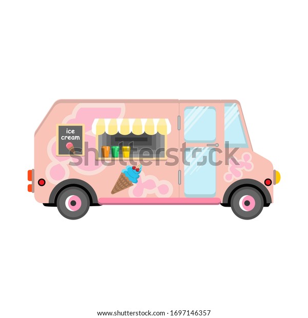 Vector illustration. Food truck in pink with an\
ice cream sale. Selling food on the streets, buy ice cream from a\
food truck.