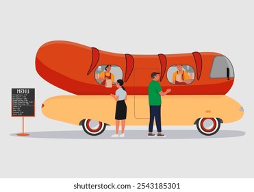 Vector illustration of a food truck stylized as a hot dog with grilled sausage. Two sellers (a woman and a man), two buyers (a teenage girl or a short young woman and a man).