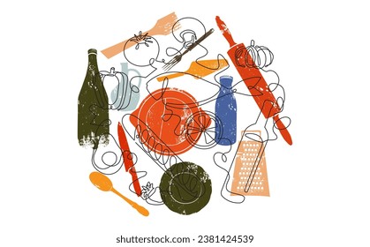 Vector illustration with food and utensils. Cooking ingredients. Kitchen poster.