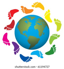 vector illustration of foot prints around the earth