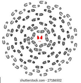 vector illustration of foot prints with two red woman boot imprints in round