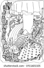 vector illustration foot under the skirt in shoes,bag with beads,plants,rainbow,butterflies,lamp,drawing liner,doodle