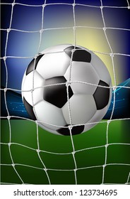 Vector illustration of football ball in the back of the net with stadium view.