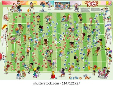 Vector illustration, football board game, cartoon concept. Playing instruction written on board.