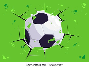 vector illustration of a football breaking a green wall in the center, fragments of the wall, a broken wall from the impact of the ball