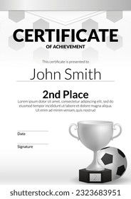 A vector illustration of a football certificate template with a silver trophy. Perfect for recognizing success, second place achievement, and appreciation in football. Ideal for award ceremonies