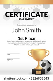 A vector illustration of a football certificate template with a golden trophy. Perfect for recognizing success, first place achievement, and appreciation in football. Ideal for award ceremonies