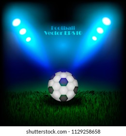 Vector illustration of a football championship. Football stadium lights, ball on the grass.