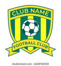 Vector illustration of a football club logo featuring a green and yellow shield, soccer ball icon and ribbon. Ideal for sports branding, team identity, tournament emblems and fan merchandise.