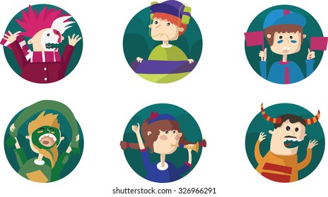 Vector illustration of football fan faces avatars. Fun, bright, emotional, with colored faces and fan attributes: vuvuzela, beer hat, trumpet.