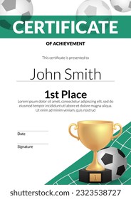 Vector illustration of a football golden cup trophy on a certificate template, representing achievement and recognition. Diploma for sports championships, graduation events, and award ceremonies