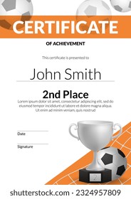 Vector illustration of football golden cup, certificate background in modern design as prize for 2nd place achievement in sports tournament, diploma signifying player's success and appreciation