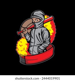 vector illustration of football hooligans supporters carrying sticks on a black background