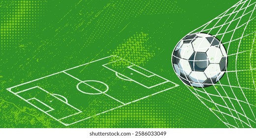 Vector illustration of a football in a net goal, goal scored