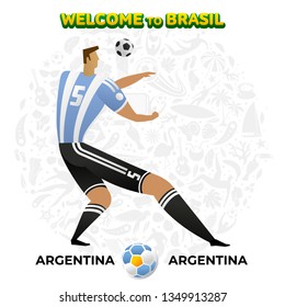 Vector illustration football player of Argentina in the background of a pattern of Brazilian national symbols, animals and tropical plants. Championship Conmeball Copa America 2019 in Brazil. 