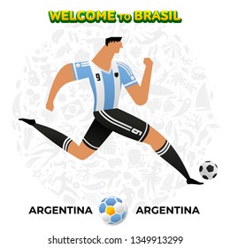 Dibujo vectorial del futbolista argentino en el fondo de un patrón de símbolos nacionales brasileños, animales y plantas tropicales. Copa América 2019 en Brasil. 