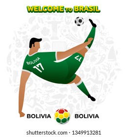 Vector illustration football player of Bolivia in the background of a pattern of Brazilian national symbols, animals and tropical plants. Championship Conmeball Copa America 2019 in Brazil. 