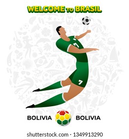 Vector illustration football player of Bolivia in the background of a pattern of Brazilian national symbols, animals and tropical plants. Championship Conmeball Copa America 2019 in Brazil. 