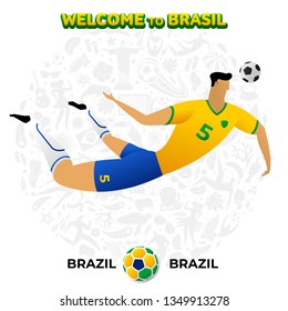 Dibujo vectorial del futbolista brasileño en el fondo de un patrón de símbolos nacionales brasileños, animales y plantas tropicales. Copa América 2019 en Brasil. 