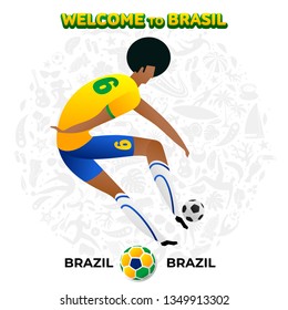 Vector illustration football player of Brazil in the background of a pattern of Brazilian national symbols, animals and tropical plants. Championship Conmeball Copa America 2019 in Brazil. 