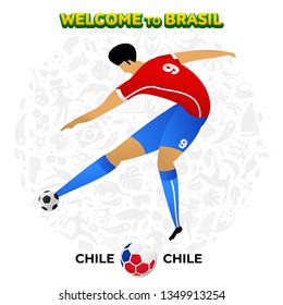 Dibujo vectorial del futbolista chileno en el fondo de un patrón de símbolos nacionales brasileños, animales y plantas tropicales. Copa América 2019 en Brasil. 