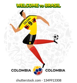 Vector illustration football player of Collombia in the background of a pattern of Brazilian national symbols, animals and tropical plants. Championship Conmeball Copa America 2019 in Brazil. 