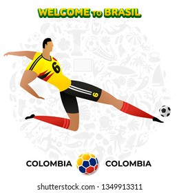 Dibujo vectorial del futbolista colombiano en el fondo de un patrón de símbolos nacionales brasileños, animales y plantas tropicales. Copa América 2019 en Brasil. 