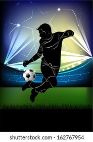 Vector illustration of football player dribbling the ball in jump silhouette over football stadium background.