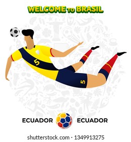 Vector illustration football player of Ecuador in the background of a pattern of Brazilian national symbols, animals and tropical plants. Championship Conmeball Copa America 2019 in Brazil. 