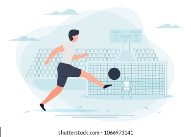 Vector illustration - football player. Goalkeeper and stadium with scoreboard on background. Banner, poster template with place for your text.