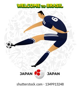 Vector illustration football player of Japan in the background of a pattern of Brazilian national symbols, animals and tropical plants. Championship Conmeball Copa America 2019 in Brazil. 