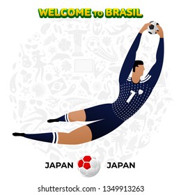 Vector illustration football player of Japan in the background of a pattern of Brazilian national symbols, animals and tropical plants. Championship Conmeball Copa America 2019 in Brazil. 