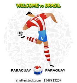 Vector illustration football player of Paraguay in the background of a pattern of Brazilian national symbols, animals and tropical plants. Championship Conmeball Copa America 2019 in Brazil. 