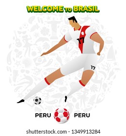 Dibujo vectorial del futbolista del Perú en el fondo de un patrón de símbolos nacionales brasileños, animales y plantas tropicales. Copa América 2019 en Brasil. 