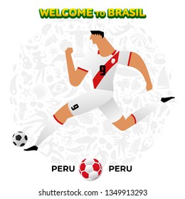 Dibujo vectorial del futbolista del Perú en el fondo de un patrón de símbolos nacionales brasileños, animales y plantas tropicales. Copa América 2019 en Brasil. 