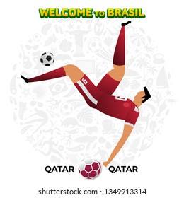 Vector illustration football player of Qatar in the background of a pattern of Brazilian national symbols, animals and tropical plants. Championship Conmeball Copa America 2019 in Brazil. 