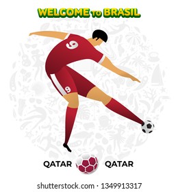 Vector illustration football player of Qatar in the background of a pattern of Brazilian national symbols, animals and tropical plants. Championship Conmeball Copa America 2019 in Brazil. 