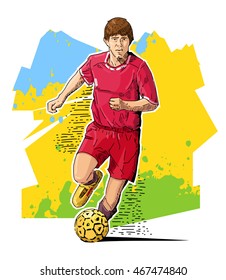 Vector illustration of a football player running with the ball. Beautiful sport themed poster. Summer sports, soccer, team game.