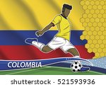 Vector illustration of football player shooting on goal. Soccer team player in uniform with state national flag of colombia.